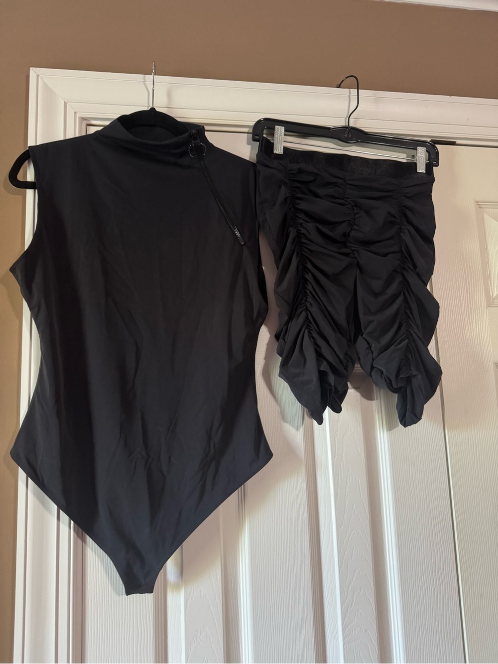 Black Sleeveless Asymmetric Bodysuit & Ruched Short Set New W/out tags